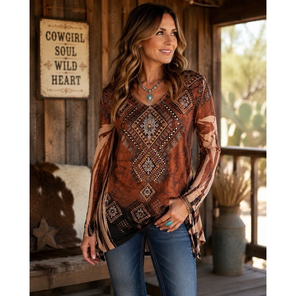Cover Charge XL Embellished Southwestern Aztec Tunic Top Rhinestone Studded USA